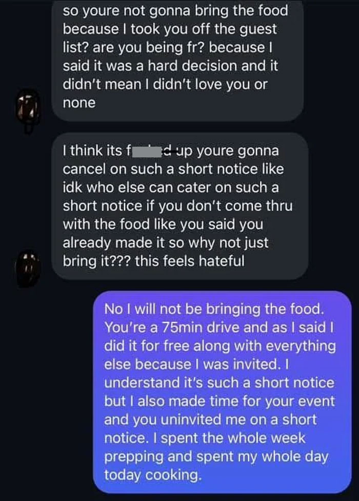 Text exchange showing a woman refusing to deliver food after being uninvited from a baby shower. Text exchange showing a woman refusing to deliver food after being uninvited from a baby shower.
