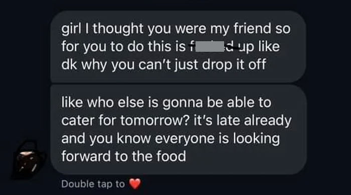 Text exchange about being uninvited from a baby shower, discussing the refusal to deliver food and the resulting conflict. Text exchange about being uninvited from a baby shower, discussing the refusal to deliver food and the resulting conflict.