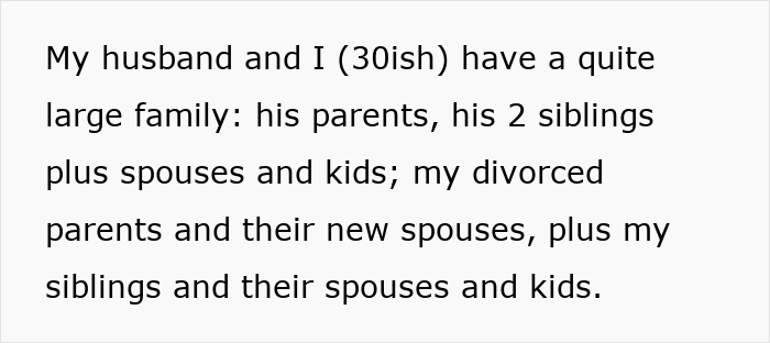 Text describing a large family gathering, highlighting both the husband's and narrator's extended families.