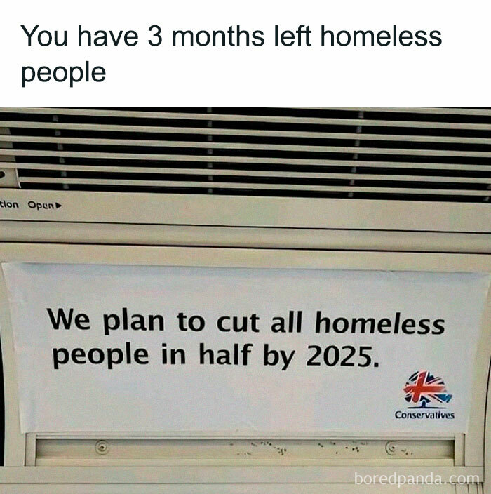 Humorous meme about a plan to cut homelessness in half by 2025, with a comical misunderstanding.