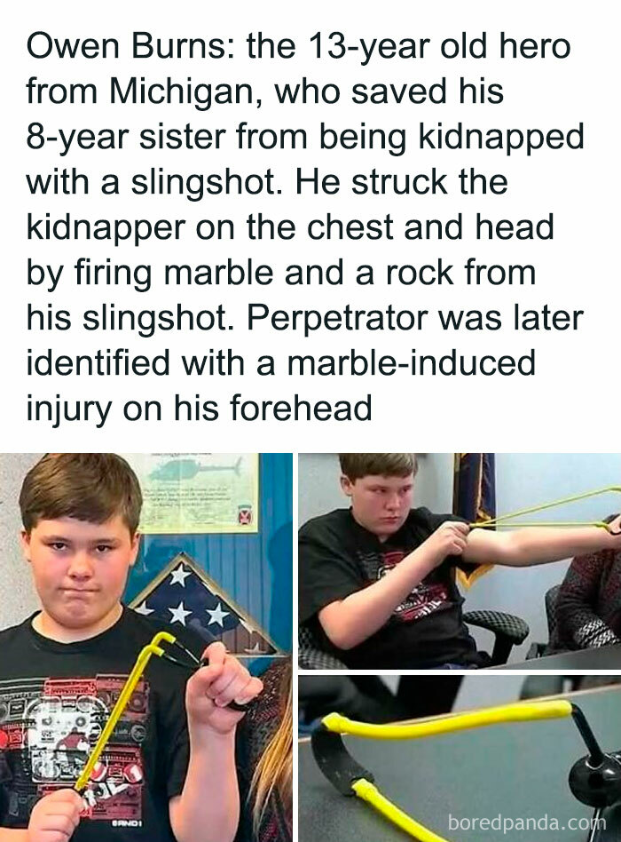 Teen hero with slingshot defends sister; amusing and unhinged meme inspired by bravery.