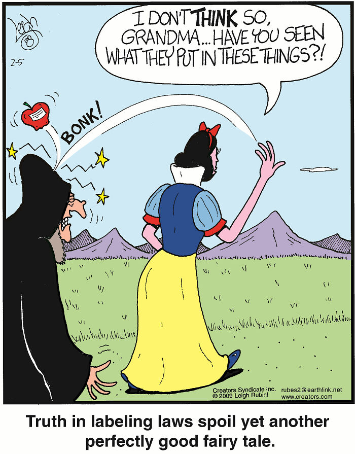 Comic showing a witch bonked by an apple, with Snow White commenting on absurdly funny comics inspired by Wicked and Wizard of Oz.