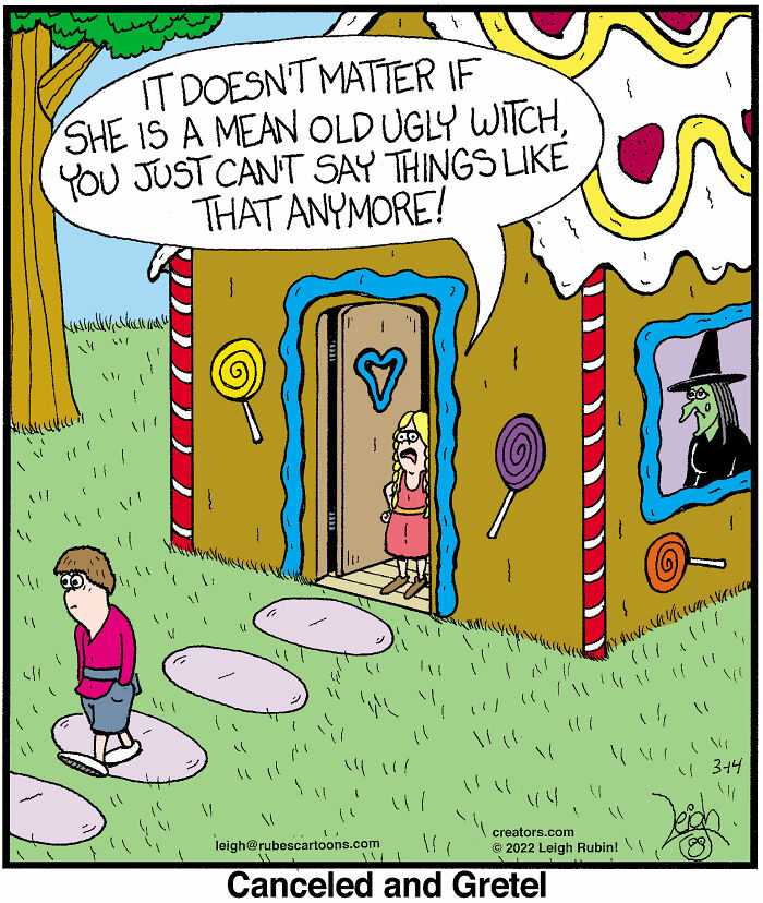 Comic inspired by Wicked and The Wizard of Oz showing a gingerbread house with a canceled witch and characters.