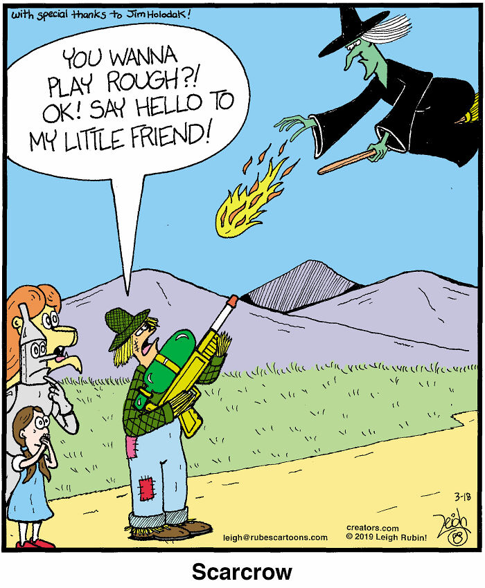 Wicked witch casting fireball at scarecrow aiming toy gun in funny comic inspired by Wizard of Oz characters.