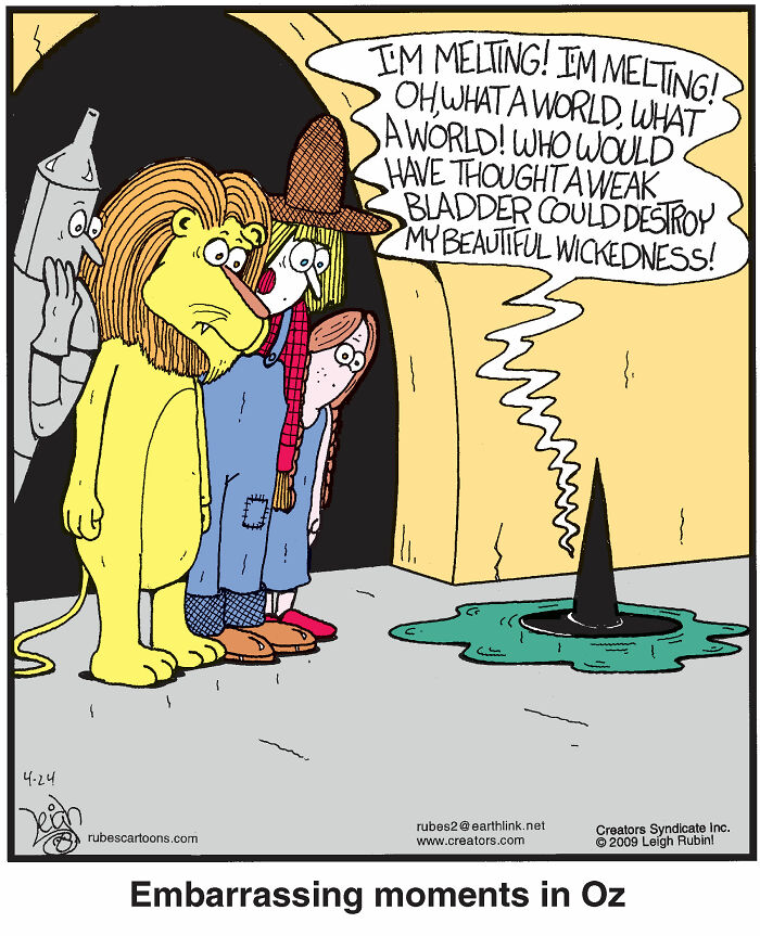 Comic scene with Wizard of Oz characters in a funny moment inspired by Wicked and Wizard of Oz comics by Leigh Rubin.