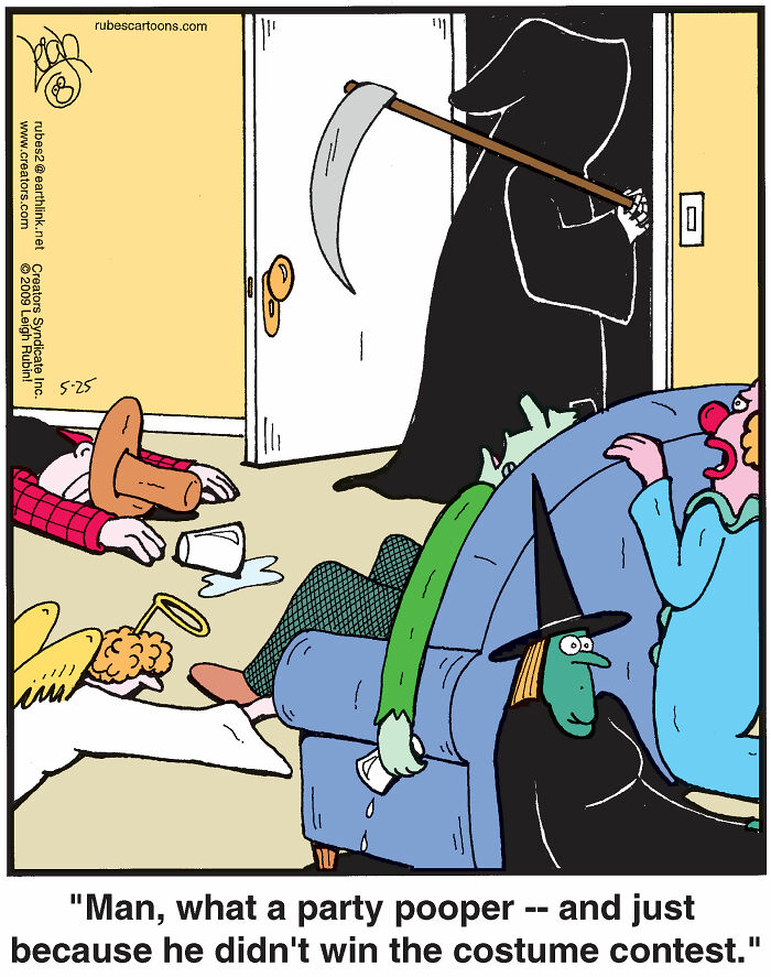 Comic scene showing Wicked and Wizard of Oz characters with the Grim Reaper, depicting a funny costume contest aftermath.