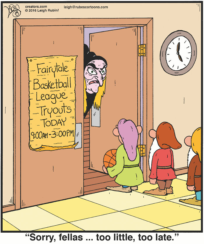 Wicked witch peeks from door as fairy tale characters line up for basketball league tryouts in comic inspired by Wicked Oz.