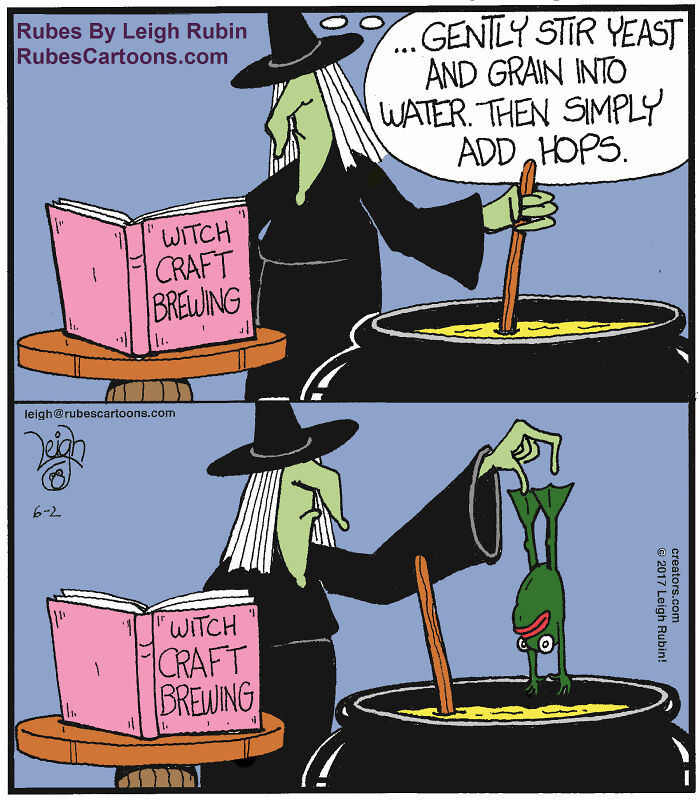 Wicked witch brewing a potion in a cauldron while referencing a witchcraft brewing book in a funny comic.