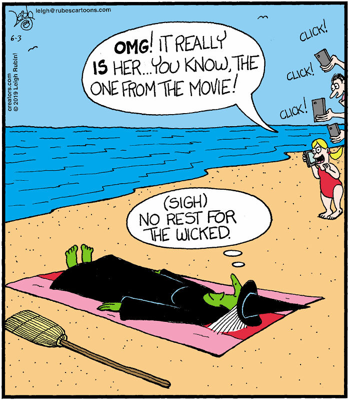 Comic of Wicked witch lying on a beach towel, fans snapping photos, humorous Wicked and Wizard of Oz inspired scene.