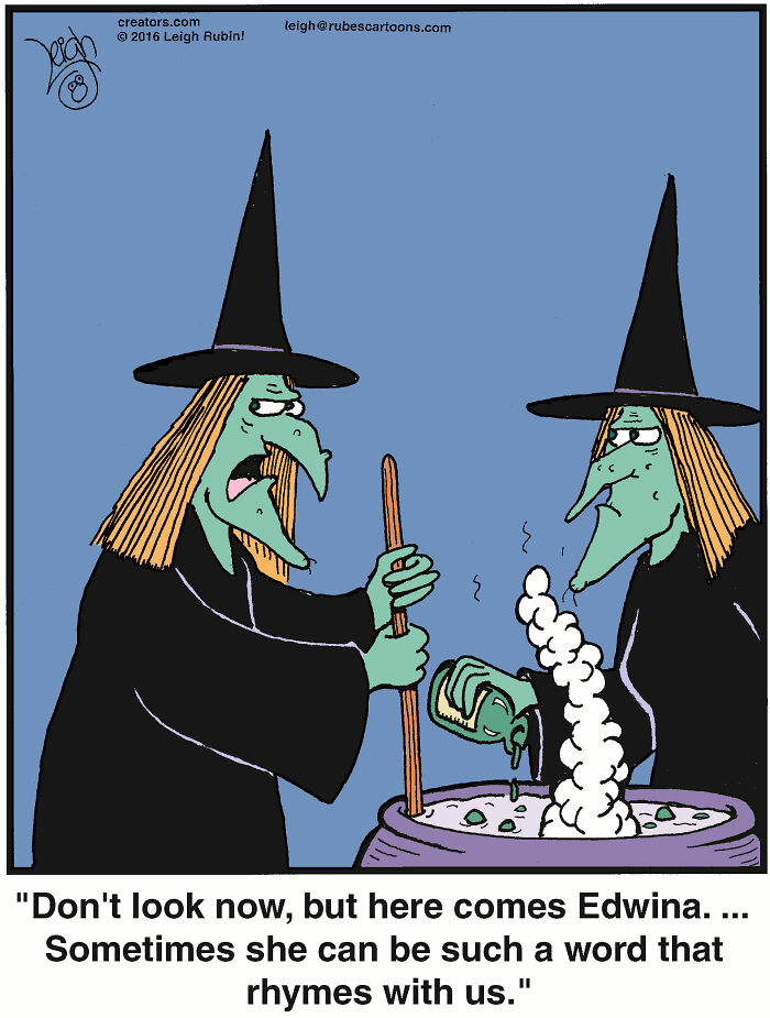 Cartoon of two witches by Leigh Rubin brewing a potion, inspired by Wicked and The Wizard Of Oz comics.