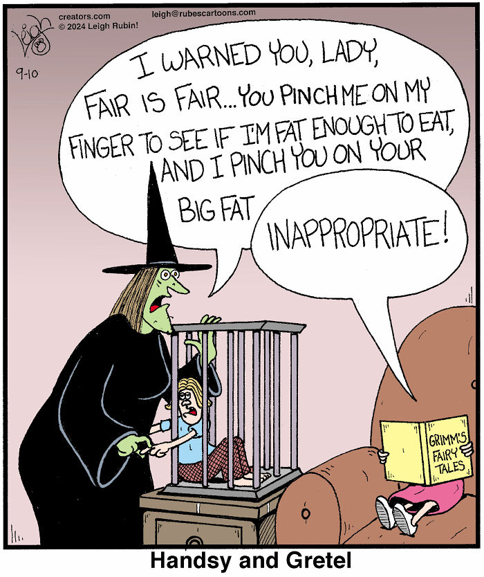 Wicked witch humorously scolding a girl in a cage with a comic inspired by Wicked and The Wizard of Oz.