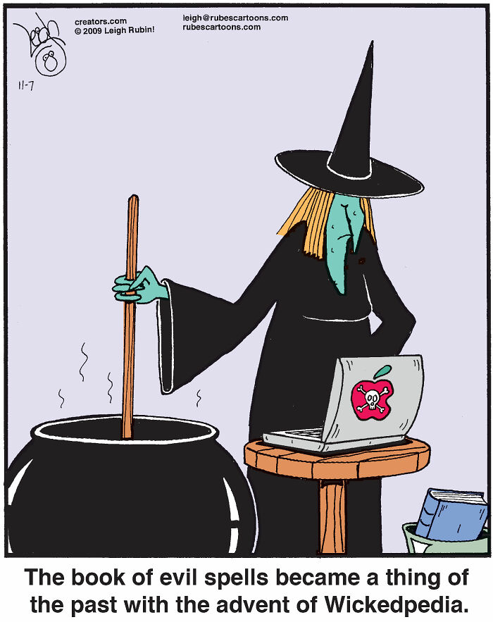 Cartoon of a witch stirring a cauldron while using a laptop, inspired by Wicked and Wizard of Oz comics.