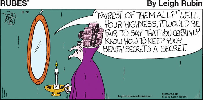 Comic panel showing a purple-robed character with curlers, speaking to a mirror about beauty secrets in a funny Wicked Wizard of Oz comic.