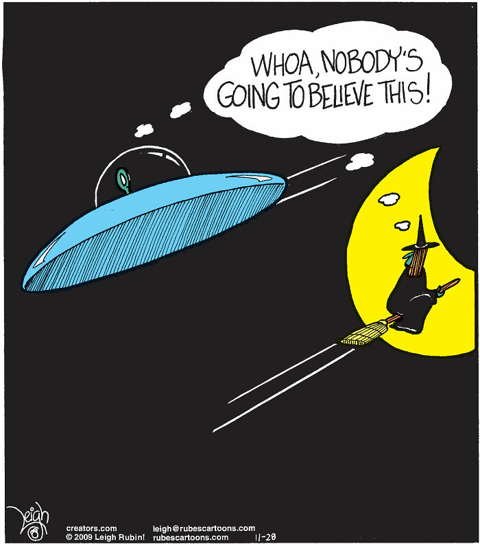 Absurdly funny comic showing a witch on a broomstick chased by a UFO, capturing humor inspired by Wicked and Wizard of Oz.