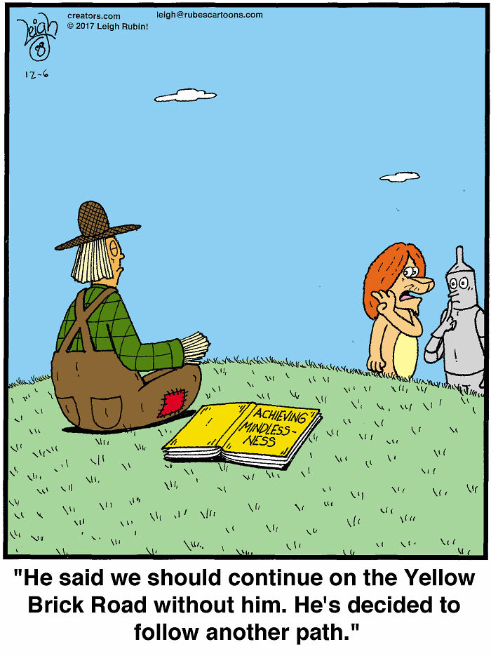 Comic inspired by Wicked and Wizard of Oz shows scarecrow with mindlessness book as other characters discuss following a different path.
