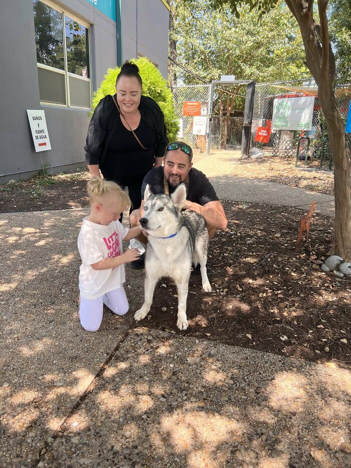 Husky with family at shelter, outside, surrounded by trees and smiling.