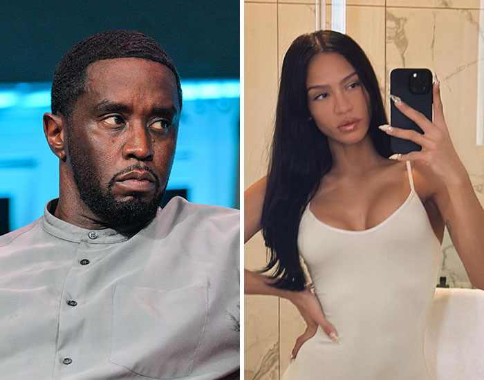 Split image showing a serious celebrity man in a gray shirt and a woman in a white dress taking a mirror selfie, related to celebrity scandals.