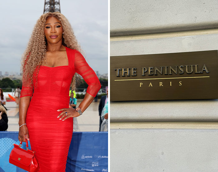 Woman in a red dress and handbag posing outdoors near a sign for The Peninsula Paris, relating to celebrity scandals in 2024.