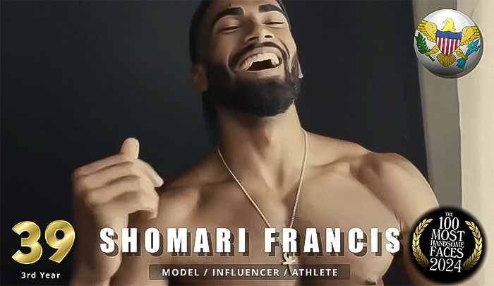 "Shomari Francis smiling, bare-chested, ranked among the most handsome men of 2024 by critics.