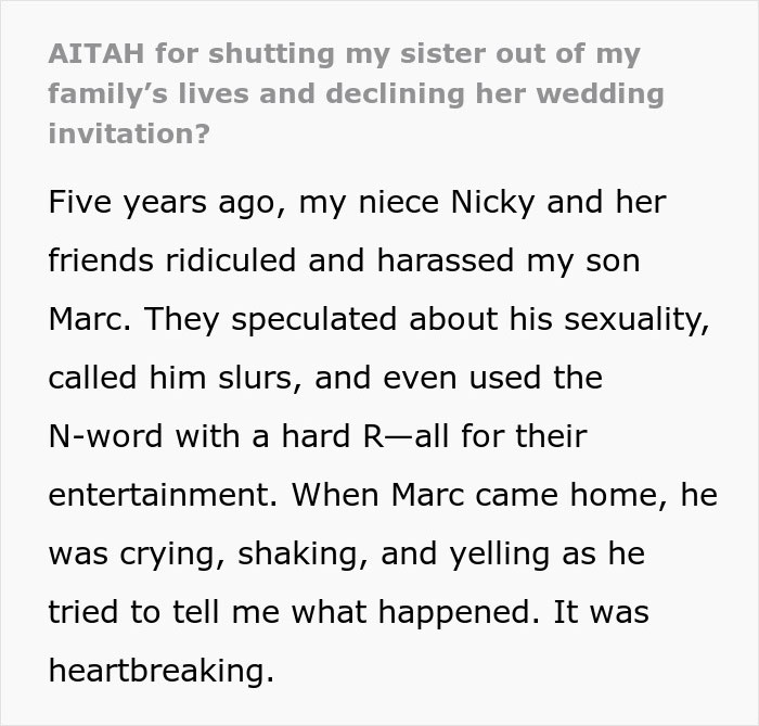 Text discussing family conflict over a wedding invitation, involving exclusion due to past incidents.