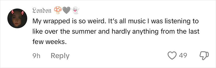 Comment about disappointment with Spotify Wrapped 2024, sharing mixed feelings on music choices and seasonal trends.