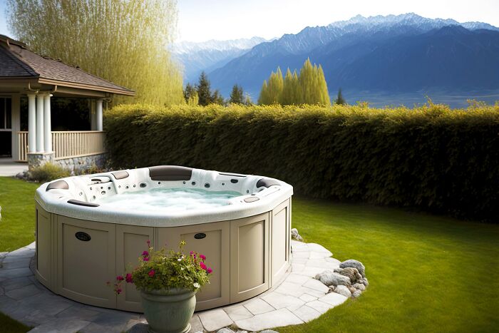 Hot tub in a backyard with mountain views, illustrating one of the strangest delivery stories.