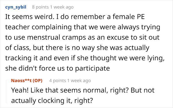 Text exchange discussing if a teacher was monitoring periods. Text exchange discussing if a teacher was monitoring periods.