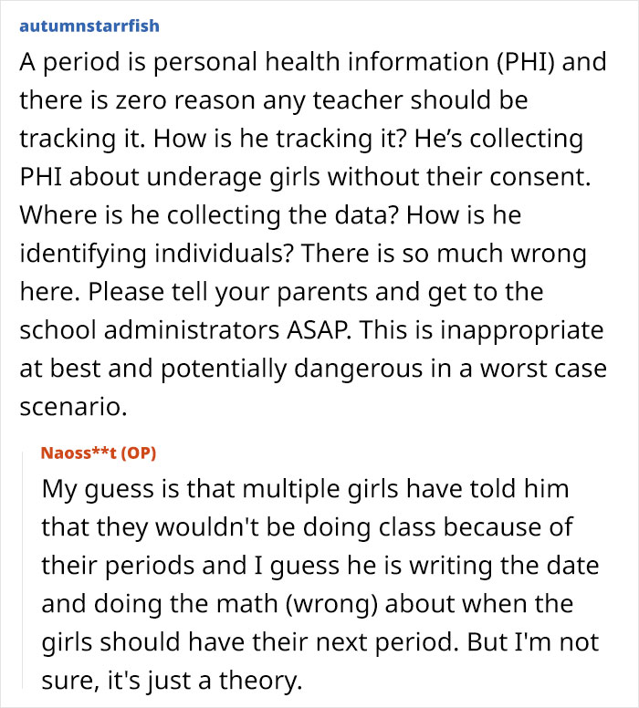 Online discussion about concerns over teacher clocking periods of students, highlighting privacy issues. Online discussion about concerns over teacher clocking periods of students, highlighting privacy issues.