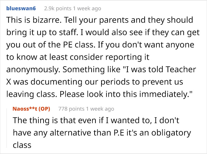 Online discussion about a teacher documenting periods in a PE class context. Online discussion about a teacher documenting periods in a PE class context.