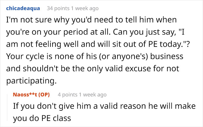 Reddit conversation discussing reasons for sitting out of PE due to periods. Reddit conversation discussing reasons for sitting out of PE due to periods.