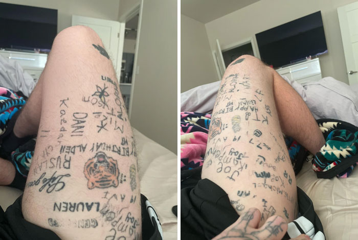 Poorly done tattoos covering a person's legs with random scribbles and names.