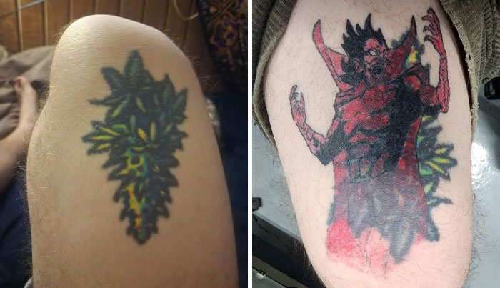 Bad tattoos with distorted designs on legs, causing online shaming.