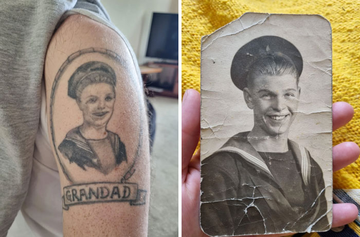 Bad tattoo of a sailor labeled "Grandad" compared to vintage photo.