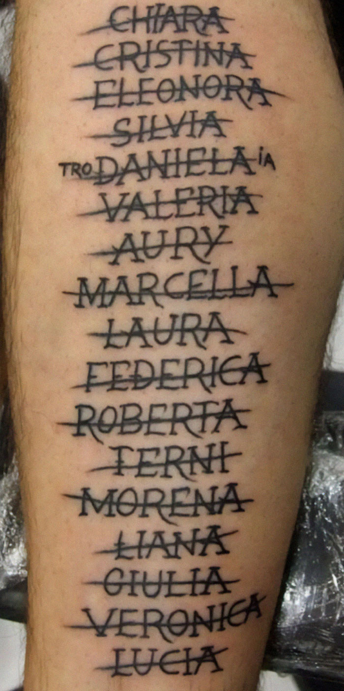 Bad tattoos featuring a list of crossed-out names on a person's arm.