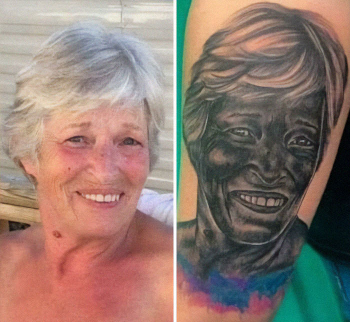 Poorly executed tattoo portrait next to the original photo of a smiling elderly woman, highlighting bad tattoo art.