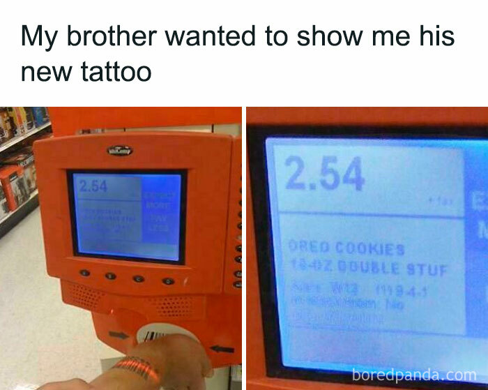 Humorous tattoo mistakes: Tattoo scanned as Oreo cookie price at store.