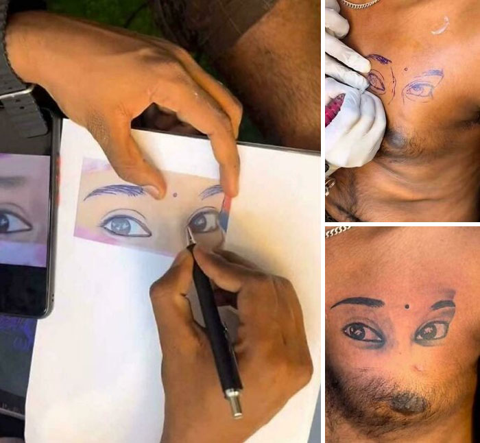 Bad tattoo design being drawn and tattooed, showcasing unfortunate tattoo mistakes and lack of research.
