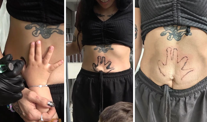 Unusual tattoo on a woman's stomach featuring child’s hand outline, showcased in a three-step process.