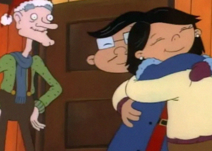 Animated characters hugging with a smiling elderly figure, depicting intriguing facts from the TIL community.