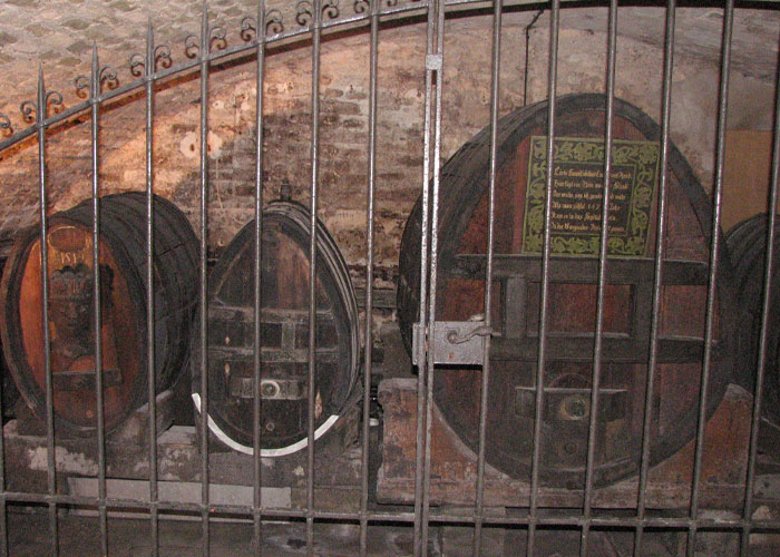 Old wine barrels behind iron bars in a dimly lit cellar, showcasing intriguing historical craftsmanship.