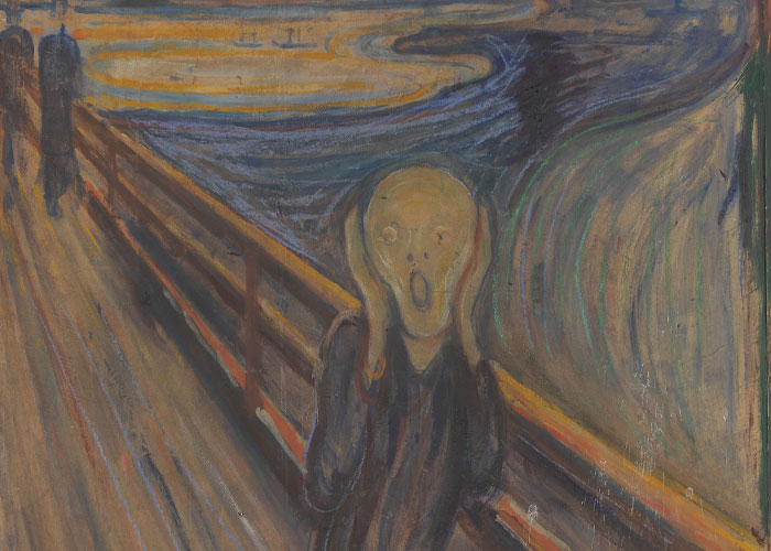 Artwork of a figure on a bridge with a distorted face in a powerful expression, illustrating intriguing facts.