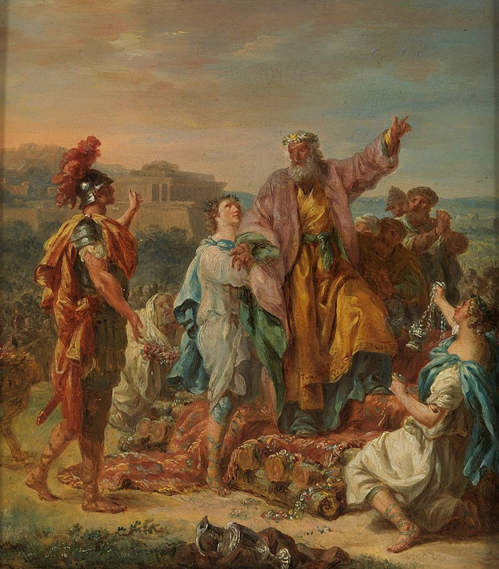 Historical painting depicting ancient figures exchanging gestures, showcasing intriguing cultural interactions.