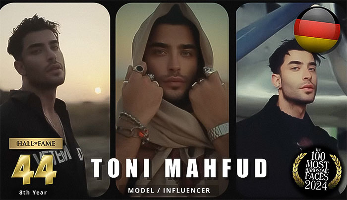 Model Toni Mahfud, ranked among the most handsome men of 2024, featured in three stylish portraits.