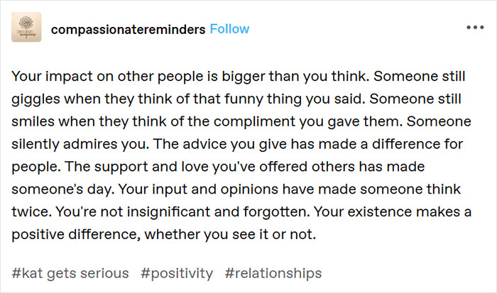 Text post emphasizing the positive impact of kindness and support on others' lives, highlighting relationships and positivity.