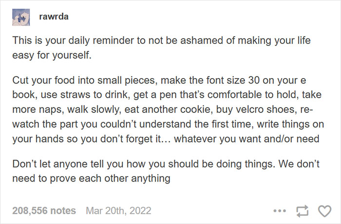 Wholesome reminder text encouraging self-care and making life easier, shared in a supportive online post.