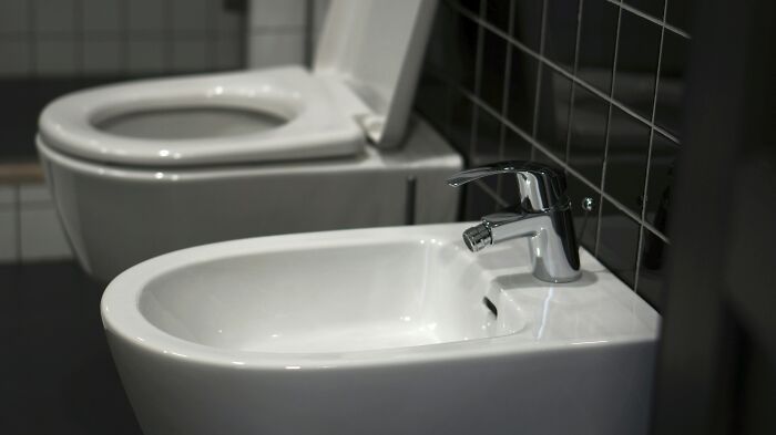 A clean bidet and toilet in a modern bathroom, illustrating hygiene hacks. 