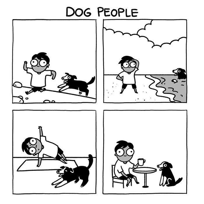 Comic illustrating funny differences between cats and dogs by Sarah Andersen. Showing "dog people" activities with pets.