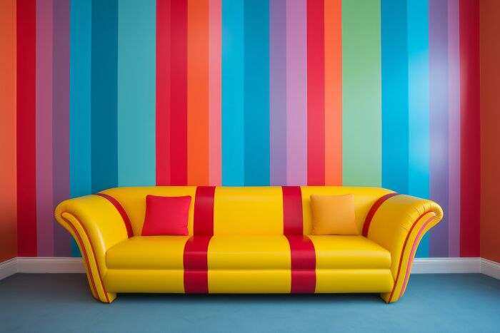 Colorful sofa against a bold, striped wall, showcasing Pinterest predictions and 2025 trends in interior design.