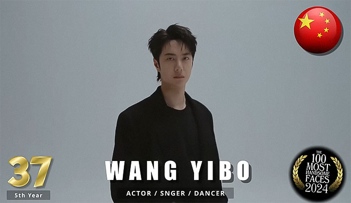 "Man in dark attire, part of 2024's most handsome men by critics, standing against a plain background with Chinese flag.