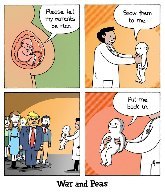 Comic by War and Peas showing a baby asking to be put back after seeing its parents.